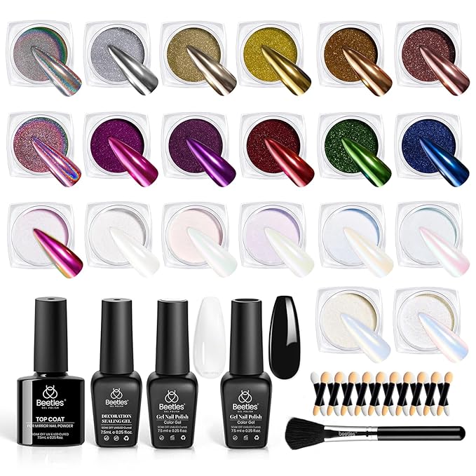 Beetles 20 Colors Metallic Chrome Nail Powder Kit 24Pcs Pearl Chrome Nails Powder Glitter Gold Silver Mirror Nail Art with Base Top Coat &amp Decoration Sealing Black Gel Nails Polish Gifts for Women