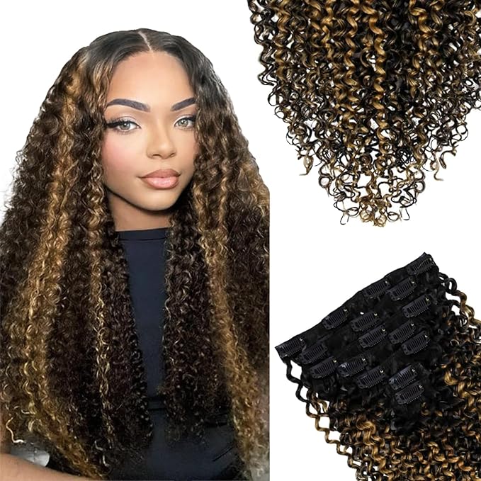 SIYUSI Kinky Curly Clip In Extensions 3C 4A 100% Brazilian Remy Human Hair Clip Ins 3.52oz 7Pcs (20 Inch)Light Auburn Ombre