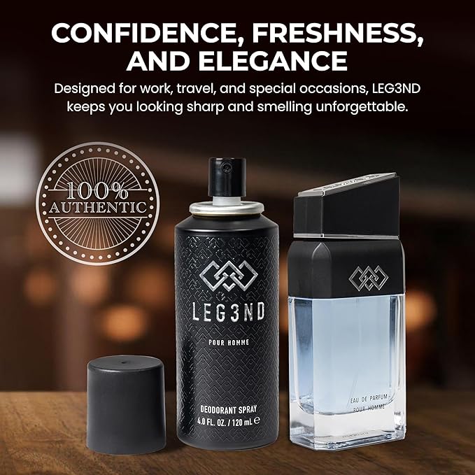 LEG3ND Gift Set - Men's Fragrances Bundle with 3.4oz EDP Spray (Italian Bergamot &amp Patchouli) + 4.0oz All Over Body Deodorant for Men (Amber &amp Cedarwood Blend)