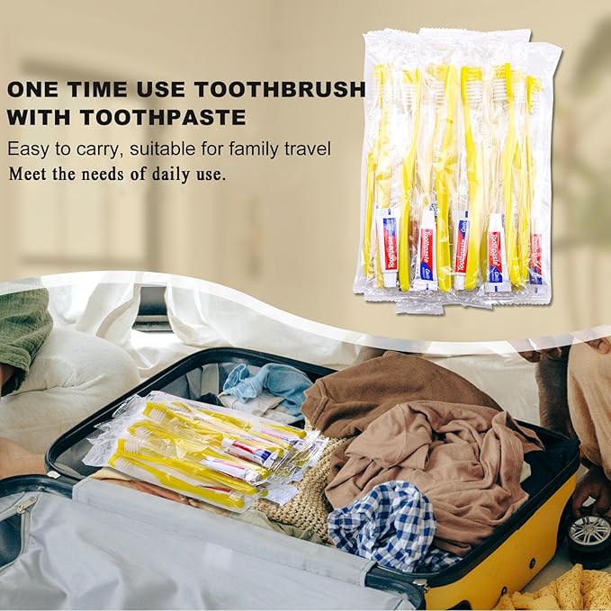 Disposable Toothbrushes with Toothpaste100 Pack Yellow Hollow Individually Wrapped Disposable Travel Toothbrushes Kit in Bulk for HomelessNursing HomeHotelCharity