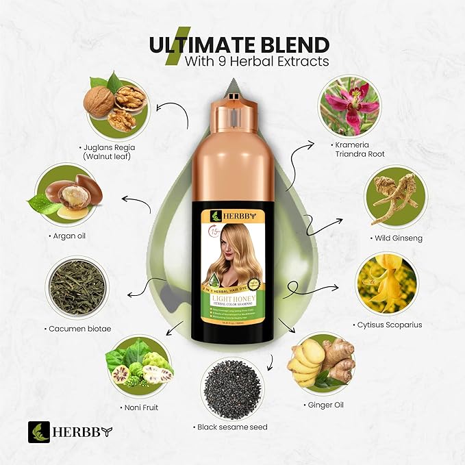 HERBBY Hair Color Shampoo for Gray Hair Coverage&ampColor Transform with 9 Herbal Extracts ?Long Lasting(6-8 Weeks)ShinyEvenly ColoredInstant Hair Dye Shampoo&ampConditioner 500 Ml (LIGHT HONEY