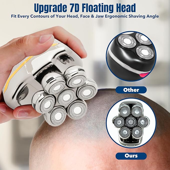 Head Shaver for Bald Man Cordless Electric Shavers - Detachable Heads Shavers for Men Waterproof Mens Razors for Shaving Rechargeable 7D Rotary Head ShaverNose Hair TrimmerEar Hair Trimmer for Men