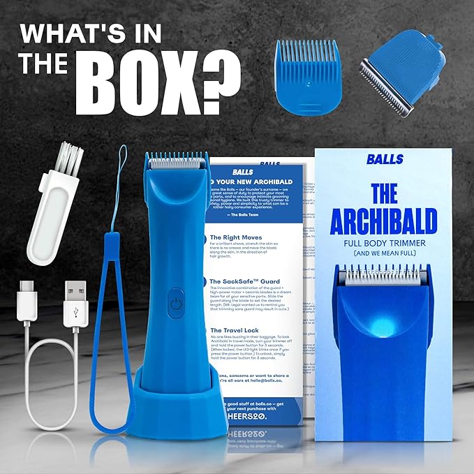 BALLS Trimmer V3 The Archibald - Body &amp Pubic Hair Shaver for Men - No Cuts Sacksafe Guard Rechargeable 100% Waterproof Cordless - Wet/Dry with Replaceable Ceramic Blades Archibald Trimmer