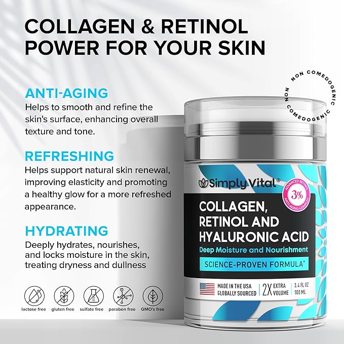 SimplyVital Collagen Retinol &amp Hyaluronic Acid Cream - Anti-Aging Retinol Cream for Face Neck &amp D?collet? - Made in USA - Daily Moisturizer Face Cream - 3.38 fl oz
