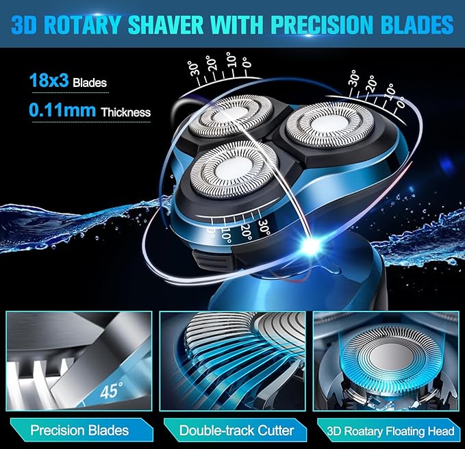 Electric Razor for Men Cordless 3D Rotary Head Shavers for Men Face Wet/Dry Waterproof LED Display Ideal Gift for Husband/Dad/Boyfriend (Blue)
