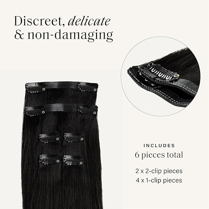 Luxy 100% Remy Human Hair Extensions for Thin Hair Thinning Hair Fill-Ins ? 6 Seamless Wefts Multi-Dimensional Color Blend - Natural-Looking Volume &amp Coverage 50 grams 12 Off Black Thinning