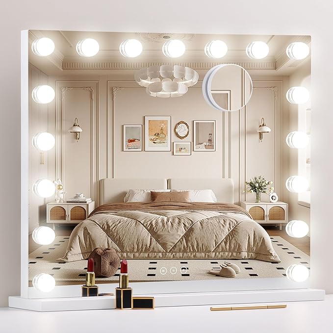 Vanity Mirror with LightsMakeup Mirror with 17 Dimmable LED Bulbs 3 Color Lighting Modes Detachable 10X Magnification Mirror Touch Control 23.6X197 inch White