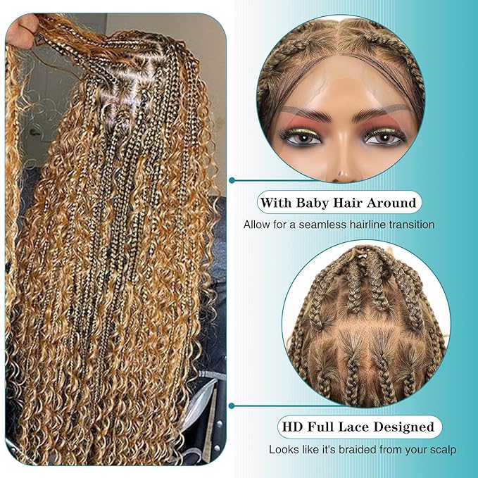 Kalyss HD Full Lace Boho Braided Wigs for Women 360 Lace Front Box Braided Wigs with Baby Hair Light Brown Premium Synthetic Knotless Braid Wig 36