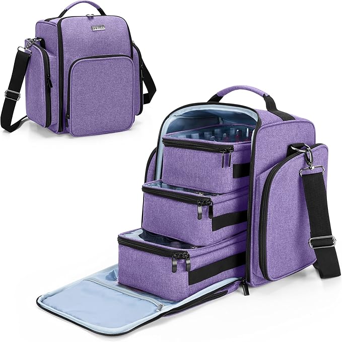 BAFASO Nail Polish Organizer Holds 72 Bottles (15ml - 0.5 fl.oz) Large Nail Polish Case with 3 Removable Pouches and Multiple Storage Sections (Patented Design) Purple