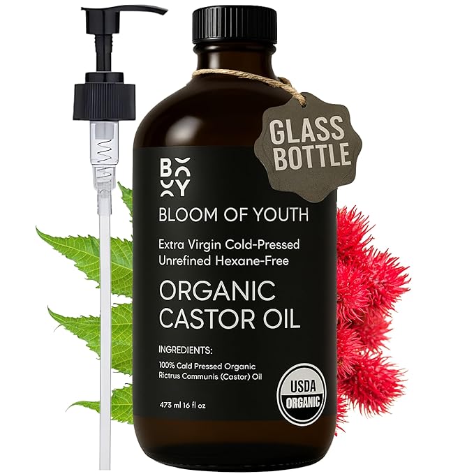 100% Pure Cold Pressed Organic Castor Oil Glass Bottle 16oz | Hexane Free Unrefined USDA Certified | For Hair Growth Skincare Castor Oil Pack Face Joints Carrier Oil Eyelashes Eyebrows