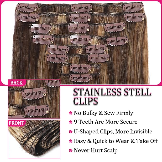 Human Hair Extensions for Women 24inch 125g Straight Clip in Hair Extensions Real Human Hair Soft &amp Natural Handmade Human Hair Clip in Extensions Black Women #P427