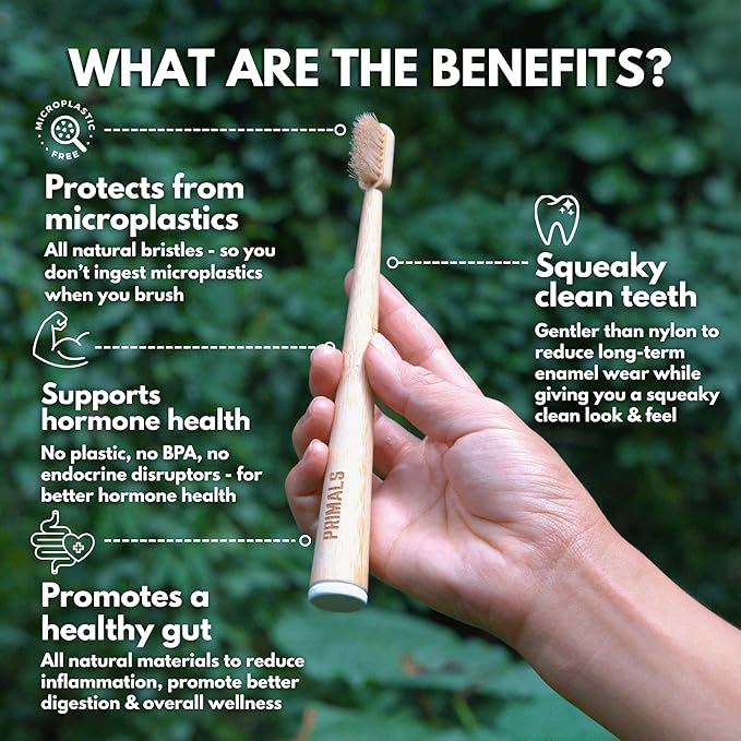 PRIMALS Boar Bristle &amp Bamboo Toothbrush (4-Pack) - Premium Boar Bristles - Fully Biodegradable - Plastic &amp Nylon Free - Quick Dry Design