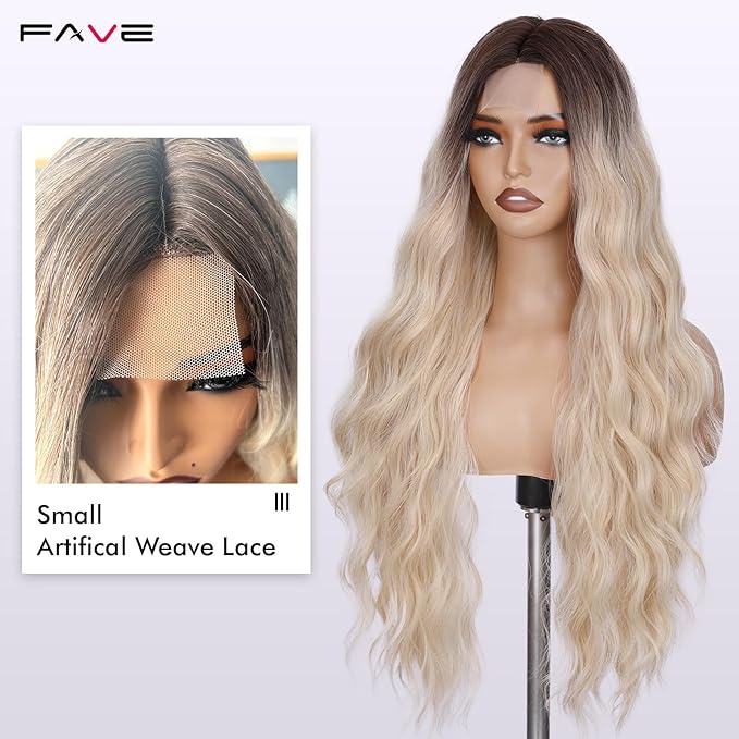FAVE Long Blonde Wig Natural Ombre Blonde Wavy Wigs Middle Part Blond Wig with Natural Gradient Roots Daily Wigs for White Women