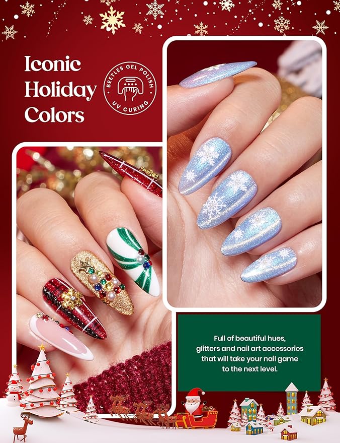 beetles Gel Polish Merry Glitzmas 2025 Christmas Advent Calendar ? 24 Days Christmas Countdown Nail Art Set with Mini LED Nail Lamp Base Top Coat and Festive Holiday Surprises Gifts for Women Girls