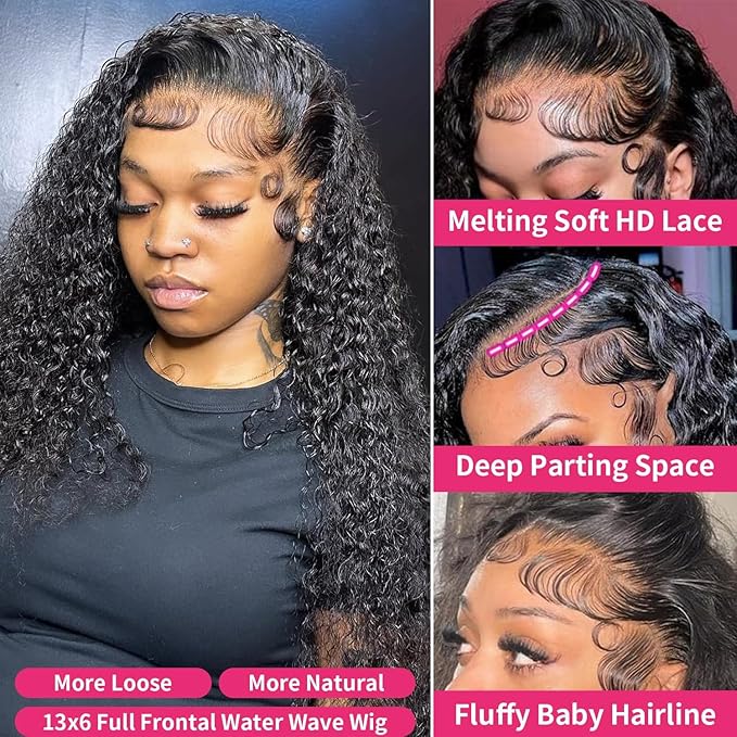 13x6 Lace Front Wigs Human Hair Water Wave 200 Density 13x6 HD Full Lace Frontal Wigs Pre Plucked Wet and Wavy Glueless Deep Curly Human Hair Wigs for Women Natural Black 22 Inch