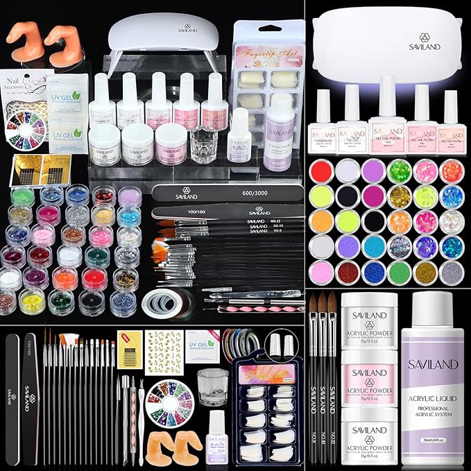 SAVILAND Acrylic Nail Kit for Beginners with Everything: Professional Nails Kit Acrylic Set with Powder Liquid Brush Forms Gel Polish U V Lamp Extension Tools Kit for Home DIY &amp Salon Manicure