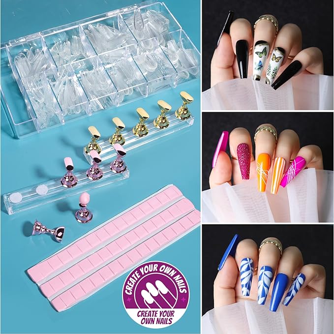 Teenitor Acrylic Fake Nails Kit Press On Nail Supplies with Clear Coffin Nail Tips Nail Stand Nail Art Brushes Dotting Pen Glitter Sequins Sticker Rhinestones Nail Decorations Press On Nails Kit
