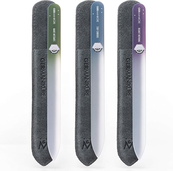 GERMANIKURE Czech Crystal Glass Nail File 3 Pack in Suede Sleeves - Professional Manicure &amp Pedicure Products for Smooth Easy Shaping of Natural Nails - Ideal Nail Care Gift