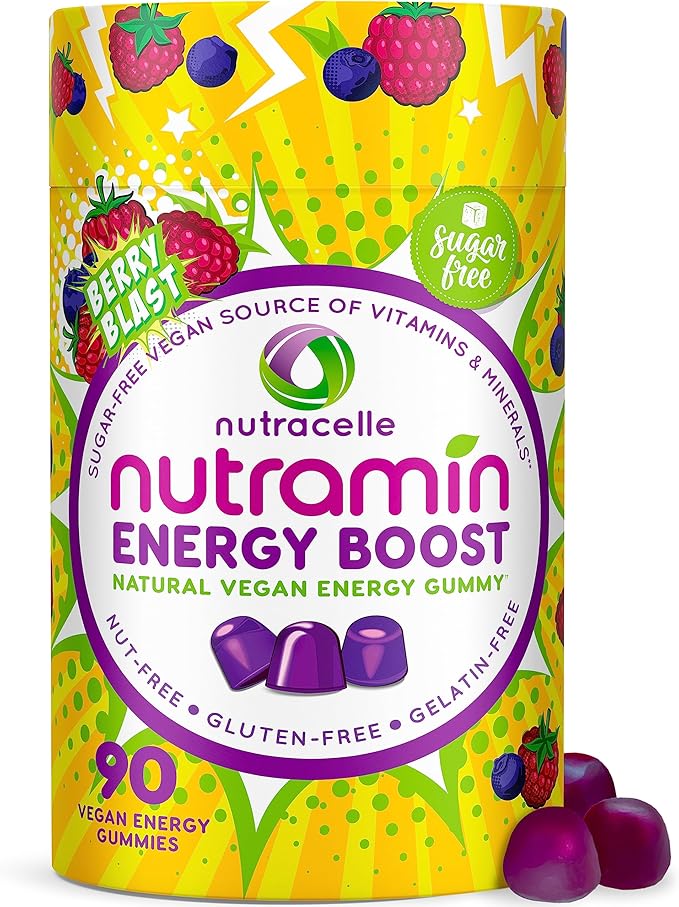 NUTRAMIN Energy Boost Vitamin Gummy - Skip The Coffee &amp Boost Your Energy Caffeine-Free Sugar-Free Vegan B12 Green Tea Ashwagandha Garcinia Cambogia Raspberry Adaptogen - 90 ct
