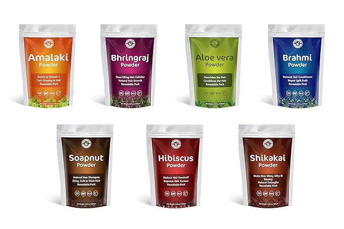 Herbal Powder for Hair Growth| Combo of 7 Herbal Hair Mask | Amalaki Bhringraj Brahmi Soapnut Shikakai Aloe vera &amp Hibiscus (Each 100g) | Resealable pack
