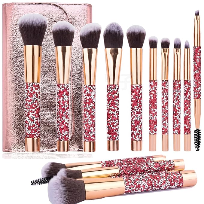 Glitz and Glam Essentials Makeup Brushes 1 Set Rhinestone Makeup Brush Set Professional Beauty Cosmetic Brushes with Bag for Face Make Up Tools (pink)