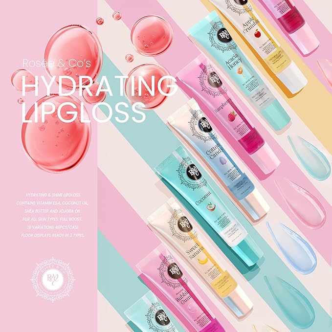 ROS?E &amp CO Rosee Lip Gloss Vegan &amp Cruelty Free Treatment Professional Make up Long Lasting Glossy with Shea Butter Moisturize Protect &amp Smooth High Shine Non-Sticky - Set of 4-6