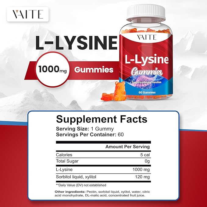 L-Lysine 1000mg Gummies - Supports Skin Lip Vegan Gluten Free 60 Chewable Lysine for Adults Vitamins Tissue Health &amp Immune System Amino Acid Vitamin Supplement &amp Complex Supplements (3