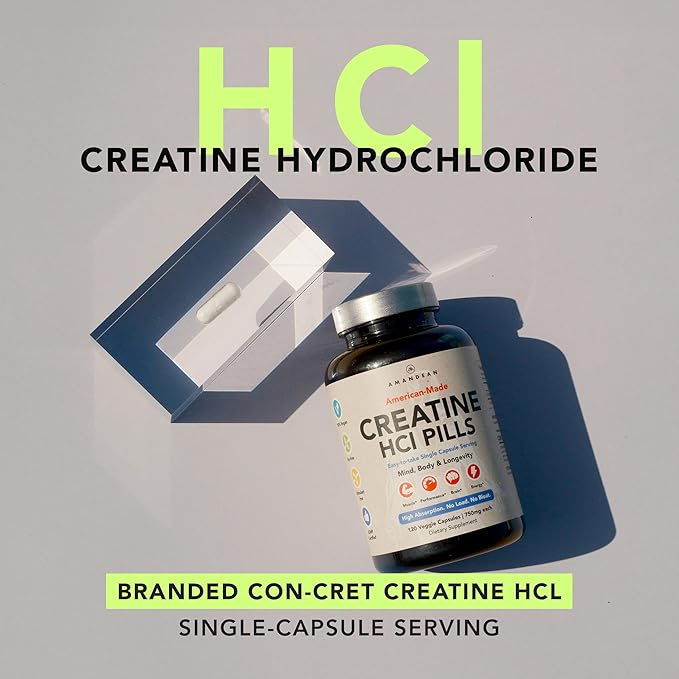 AMANDEAN Creatine HCl Pills. American Made CON-CRET. 120 Capsules. 7X Concentrated vs Monohydrate Powder. No Bloat. Muscle Energy Cognitive Recovery Support for Men &amp Women. Gluten Free Non-GM