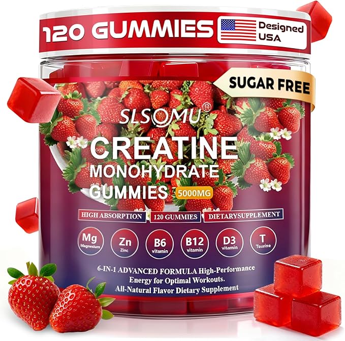 Creatine Monohydrate Gummies 5000mg for Women and Men - Pre-Workout Supplement with Magnesium Zinc &amp Taurine - Strawberry Flavor - Builds Muscle Strength - Boosts Energy Vegan - 120 Gummies