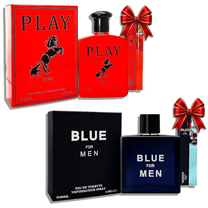 Blue For Men &amp Play Red 04-Piece Set Cologne for Men 2x100ml &amp Mini Perfume 2x35ml Eau de Toilette long-lasting cranberry sage &amp pink pepper notes for daytime Travel perfume bottle