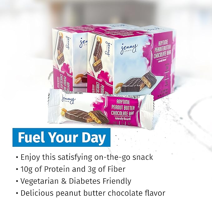 Jenny Craig Anytime Bars 14-Count Peanut Butter Chocolate Flavor Vegetarian 130 Calories 6g Total Fat 3g Dietary Fiber 10g Protein