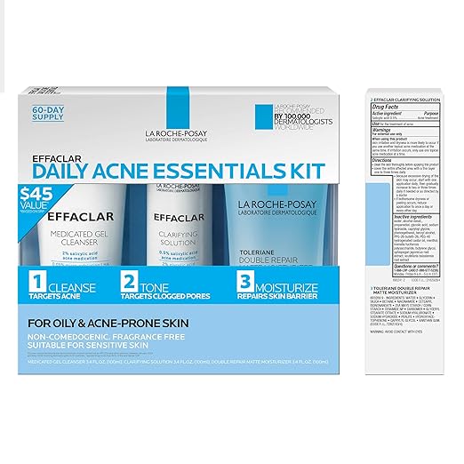 Effaclar Daily Acne Essentials Kit Acne Treatment System Salicylic Acid Acne Cleanser Pore Refining Toner &amp Matte Face Moisturizer for Oily Skin &amp Combination Skin Oil-Free 2 Month Suppl