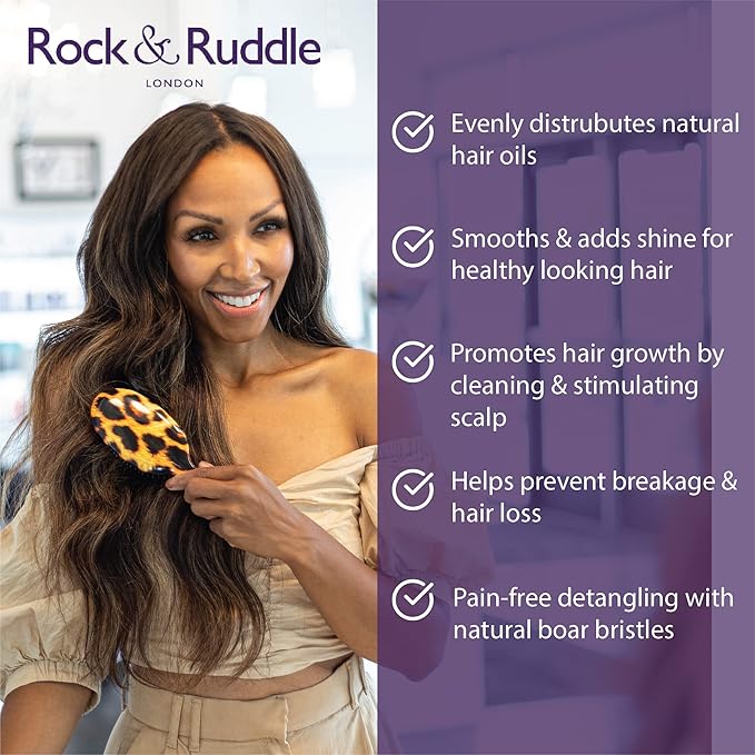 Rock &amp Ruddle Natural Mixed Boar Bristle Hair Brush for Women and Kids (Large 8.3) - Perfect for Wet or Dry Hair Detangling Smoothing Blowdrying - Designed &amp Made in UK - Tickled Pink Design