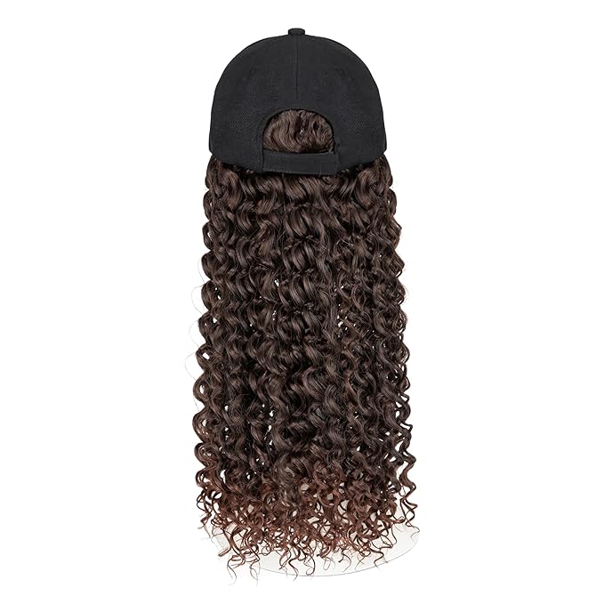 TESS Black Baseball Cap with 20'' Long Coily Synthetic Hair Extensions for Women and Girls - Adjustable &amp Breathable Wig Cap for Daily Use Outdoor Activities