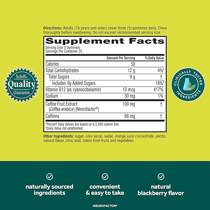NEURIVA Brain + Energy Gummies Nootropic Brain Supplements for Focus and Concentration with Neurofactor Vitamin B12 &amp Caffeine for an Energy Boost* 75ct Natural BlackBerry