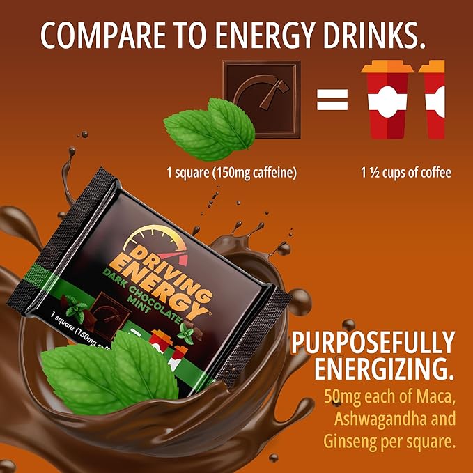 Driving Energy - Caffeinated Energy Bite Size - Dark Chocolate Mint Energy Fuel with 150mg Caffeine - Long-Lasting Energy for Gym Workout Adults - Great Taste - Low Carb - Healthy Snack - 30 Count