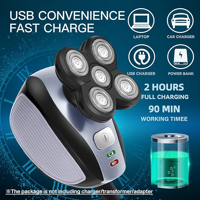 5 IN 1 Head Shaver for Men Electric Razor for Bald Men Cordless Rechargeable Waterproof Black 7 Blades Rotary Foil Head 30 Day Battery Life