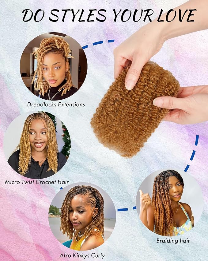 Afro Kinkys Bulk Human Hair ExtensionsKinky-Curly Real Human Hair for Dreadlocks/Locs Repair Twist &amp Braid Crochet Human Braiding Hair Bundles Natural Blonde 10 Inches 2 Packs27#