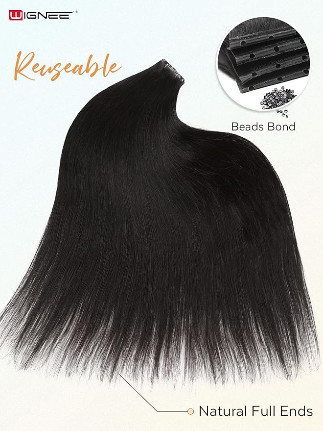 WIGNEE OVO Invisible Human Hair Extensions 100% Real Remy Human Hair Weft Black Hair Extensions Human Hair 2 PCS 12 Inch No Glue Genius Weft Micro Bead Real Human Hair Extensions for women(1B)