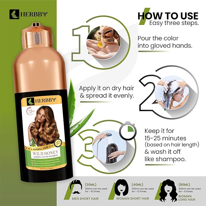 HERBBY Hair Color Shampoo for Gray Hair Coverage&ampColor Transform with 9 Herbal Extracts ?Long Lasting(6-8 Weeks)ShinyEvenly ColoredInstant Hair Dye Shampoo&ampConditioner 500 Ml (WILD HONEY C