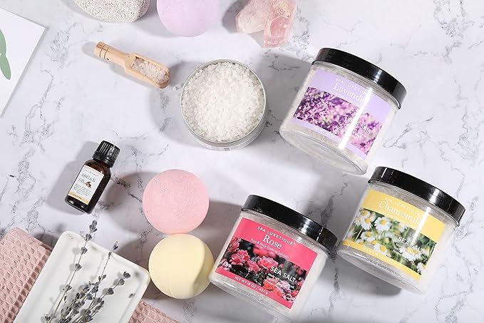 spa luxetique Bath Salts 8pcs Bath Salts Gift Set with Argan Oil Bath Bombs Wooden Scoop Epsom Salt for Soaking in Lavender Rose Chamomile Scent Mother's Day Gifts