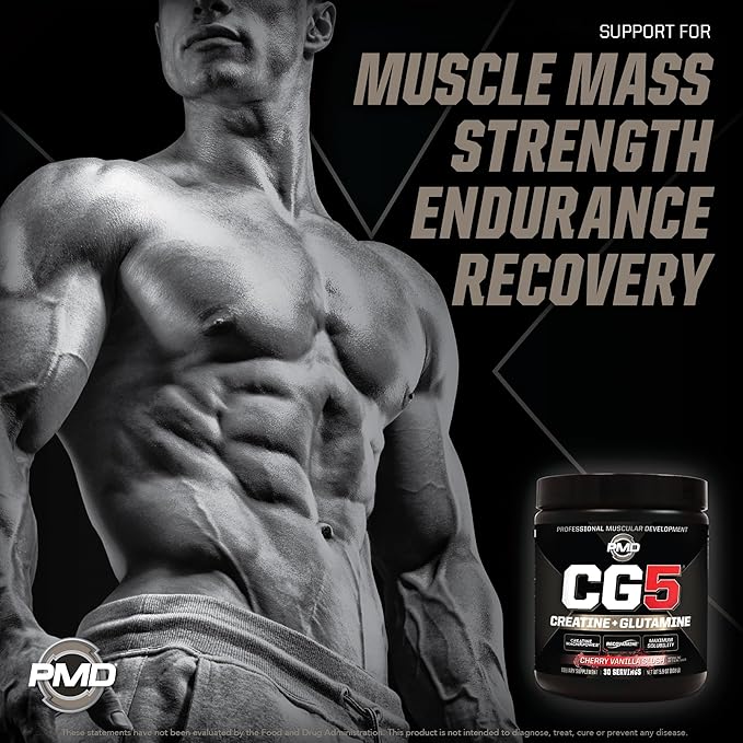 PMD Sports CG5 - Premium Creatine and L Glutamine Powder - Maximum Strength Power Recovery Build Lean Muscle Increase Performance - Pre-Workout and Post Workout - Cherry Vanilla Slush (30 Servings)