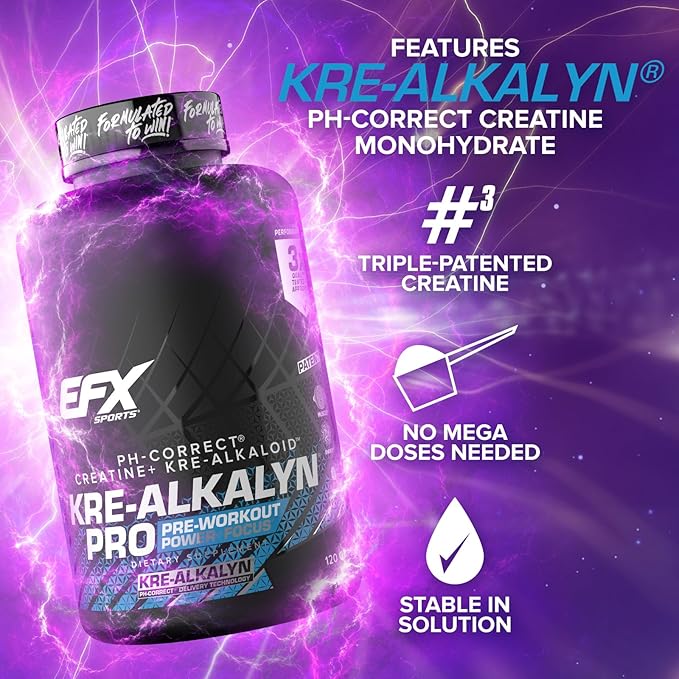EFX Sports Kre-Alkalyn Pro | pH Correct Creatine Monohydrate Pill Supplement | Muscle Building Pre Workout for Men &amp Women | 60 Servings 120 Capsules