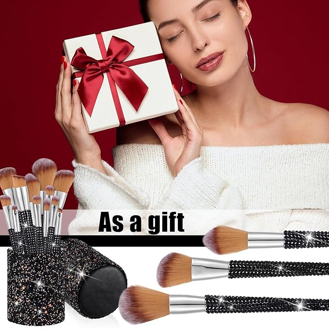 Rtteri 13 Pcs Rhinestone Black Makeup Brushes Set Bling Crystal Professional Face Cosmetics Blending Liquid Foundation Powder Concealer Eye Shadows Make up Beauty Tool Glitter with Holder