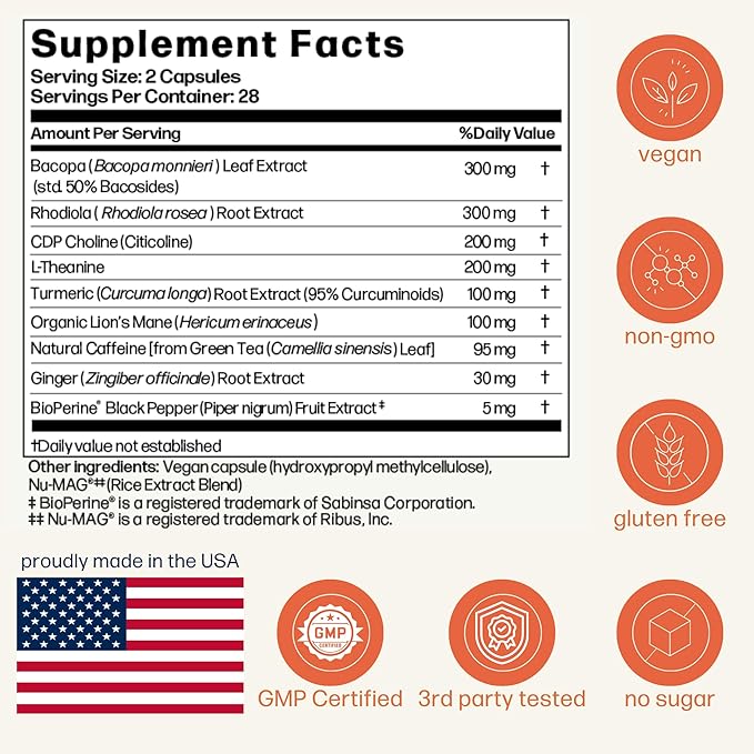 Avantera Elevate Premium Nootropic Supplement - Beat Brain Fog - Best Focus Supplements for Memory &amp Focus Support - Energy Without Crash - 56 Count Pills for Women &amp Men