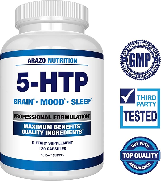 5-HTP 200 MG Plus Calcium for Mood Sleep ? Supports Calm and Relaxed Mood ? 99% High Purity ? 120 Capsules ? Arazo Nutrition