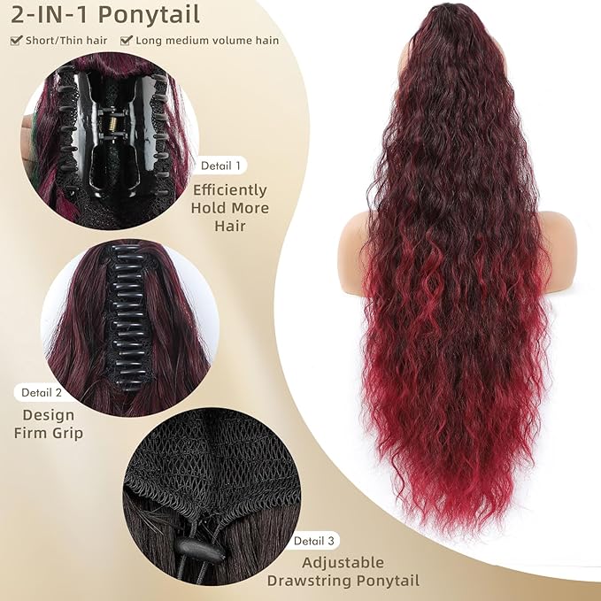Claw Clip in Ponytail Extension 30 Inch Long Wave Curly Pony Tail Hair Extensions for Women fluffy Natural Looking Synthetic Hairpiece for Daily Use.(Omber Burgundy 30Inch)