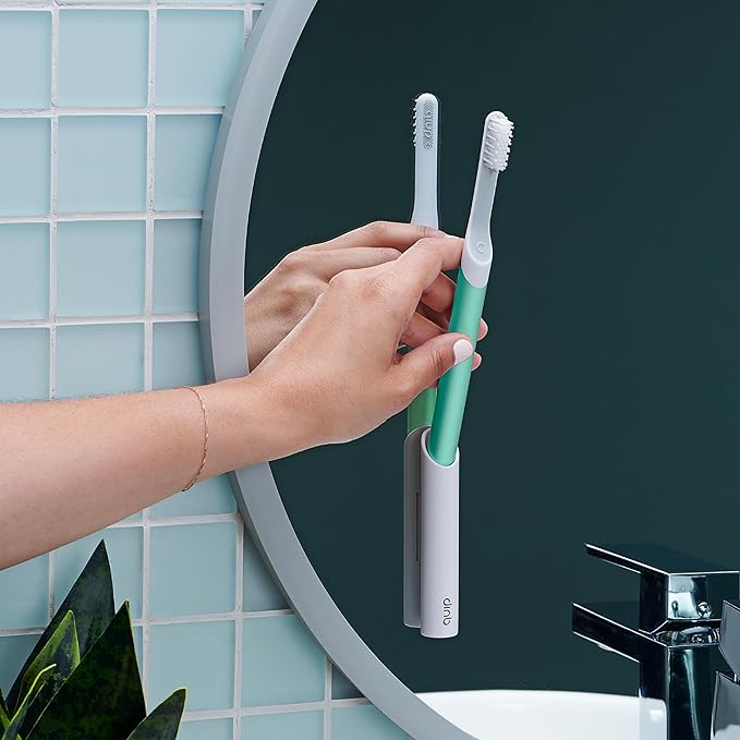 Quip Sonic Toothbrush for Adults with Timer - Includes Extra Brush Head and Travel Cover Mount - Electric Soft Bristle Refill Head Plastic Handle 3 Month Battery Life - Travel Toothbrush - Green
