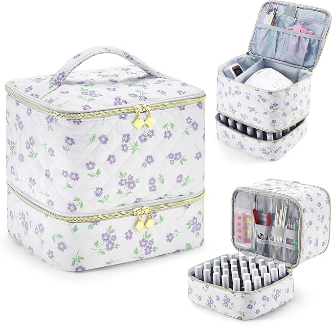 CTWWFS Nail Polish Organizer and Nail Lamp Case Nail Kit Organizer Holds 30 Bottles (15ml - 0.5 fl.oz) and a Nail Lamp Nail Polish Carrying Case with Manicure Tools Storage Sections (Purple Flower)