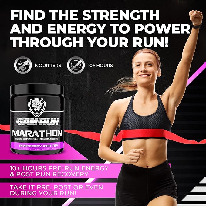 6AM Run Marathon | Running Supplements for Endurance &amp Stamina | Amino Energy with BCAAs for a Clean Pre Running Fuel | No Jitters | Marathon Essentials | Raspberry Iced Tea | 40 Servings